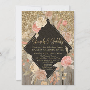 Gold Glitter Barn Wood Floral Brunch & Bubbly Invitation