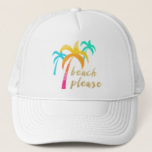 gold glitter "beach please" with colourful palms trucker hat