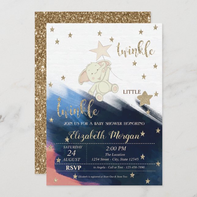 Gold Glitter Bear Baby Shower Twinkle Little Star Invitation (Front/Back)