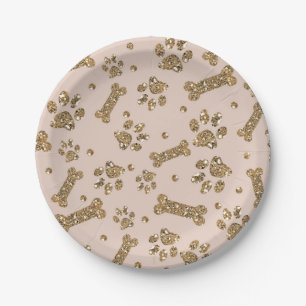 Gold Glitter Beige Blush Pet Paw Bone Puppy Dog Paper Plate