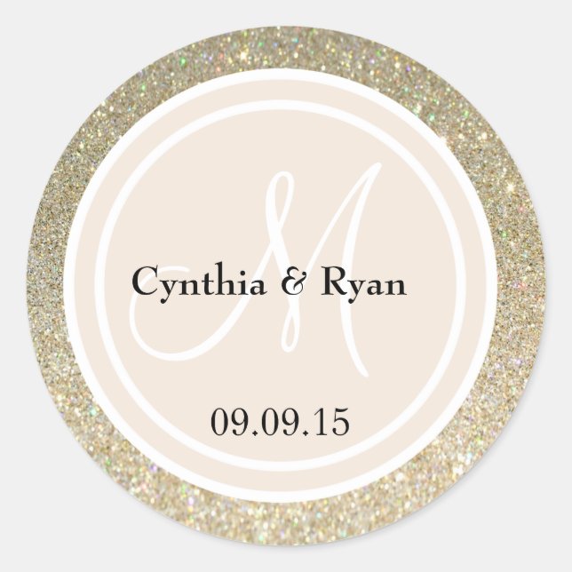 Gold Glitter & Beige Wedding Monogram Classic Round Sticker (Front)