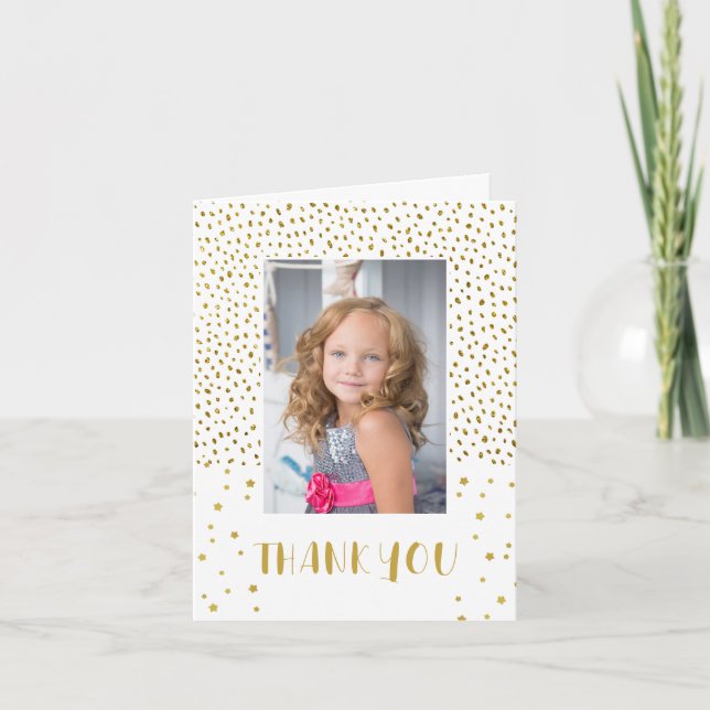 Gold Glitter Birthday Kids Girl 2 Photo Thank you Card (Front)