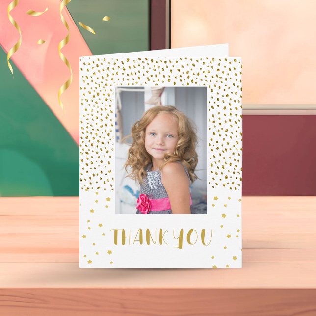 Gold Glitter Birthday Kids Girl Photo Thank you Card (Creator Uploaded)