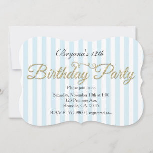 Gold Glitter BIRTHDAY PARTY Blue Invitations