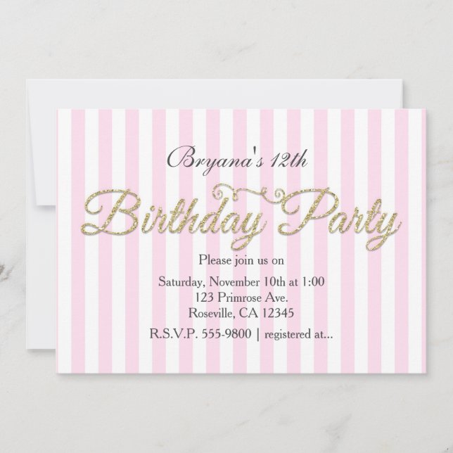Gold Glitter BIRTHDAY PARTY Pink Invitations (Front)