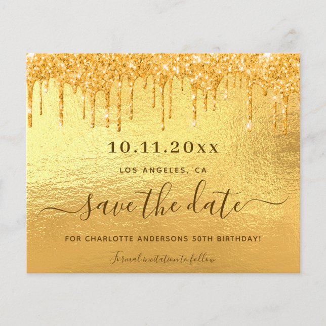 Gold glitter birthday save the date card (Front)