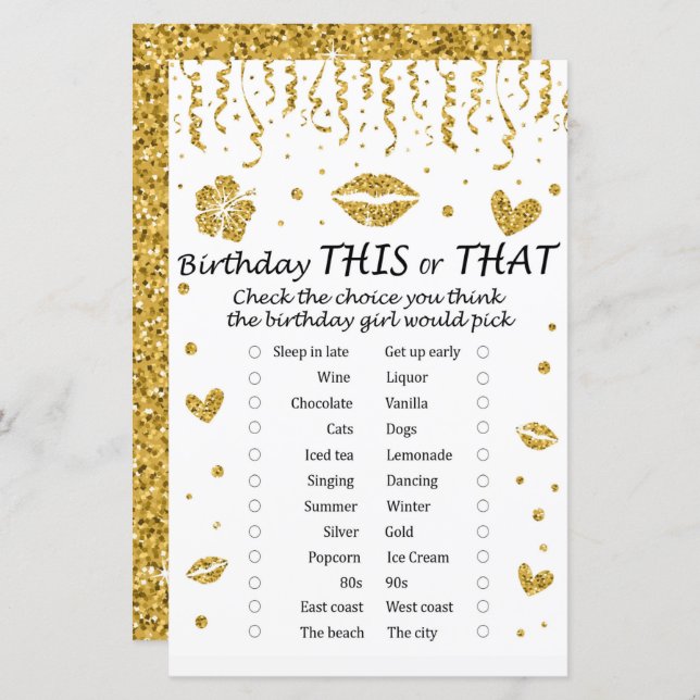 Gold glitter Birthday This or That Game (Front/Back)