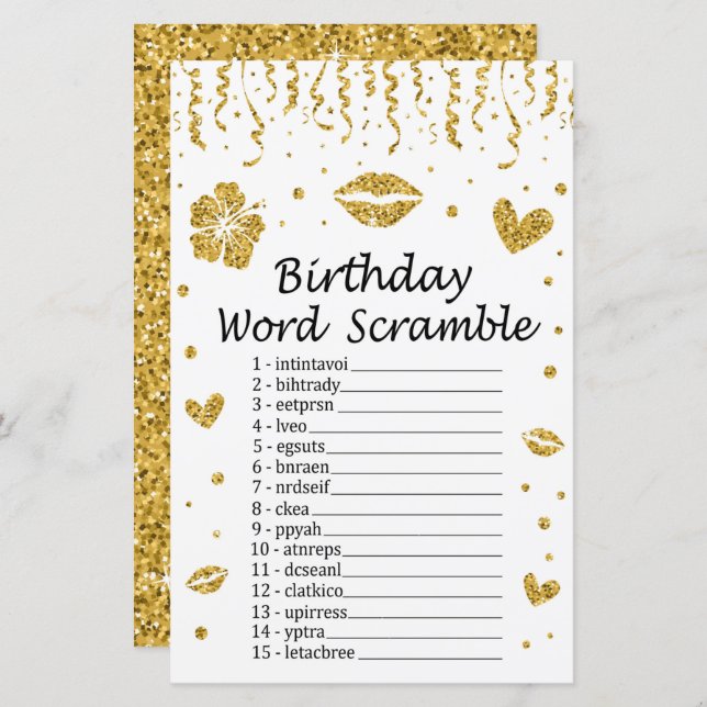 Gold glitter Birthday Word Scramble Game (Front/Back)