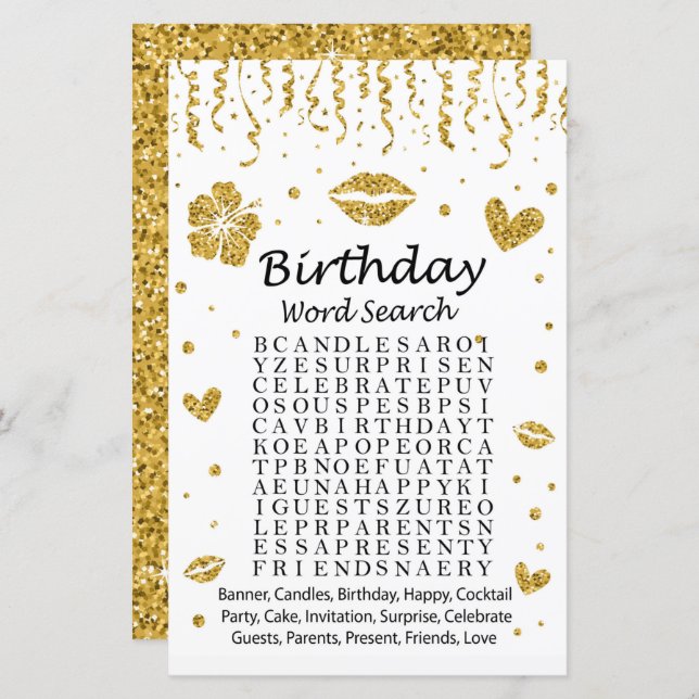 Gold glitter Birthday Word Search Game (Front/Back)