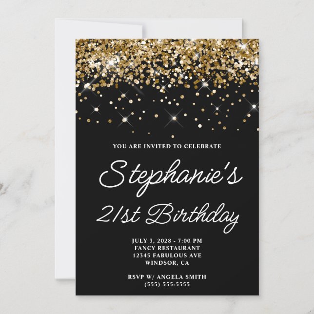Gold Glitter Black 21st Birthday Invitation (Front)