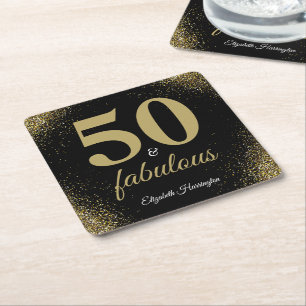 Gold Glitter Black 50 And Fabulous Birthday Square Paper Coaster