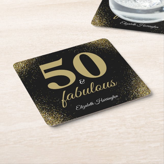 Gold Glitter Black 50 And Fabulous Birthday Square Paper Coaster (Angled)