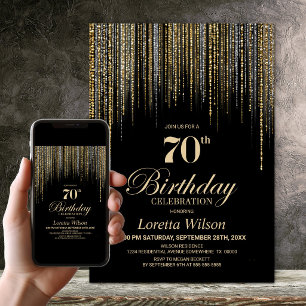 Gold Glitter Black 70th Birthday Party Invitation