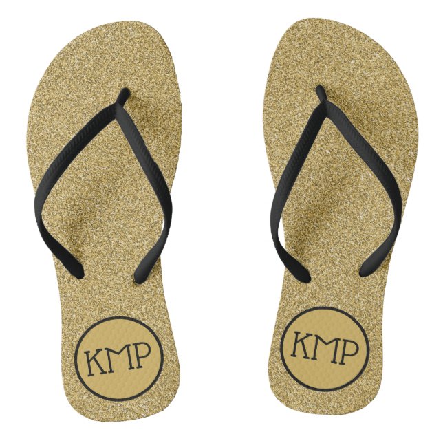 Gold Glitter Black and Gold Monogram  Thongs (Footbed)