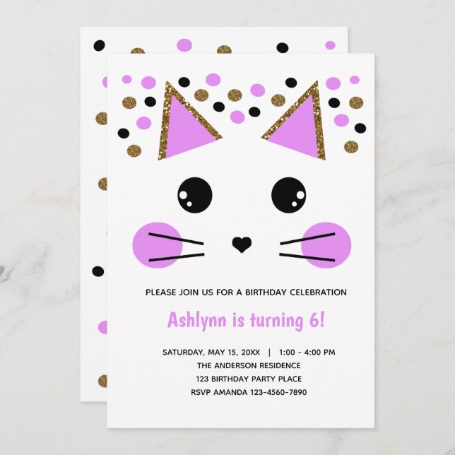 Gold Glitter Black and Purple Cat Birthday Invitation (Front/Back)