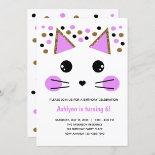 Gold Glitter Black and Purple Cat Birthday Invitation