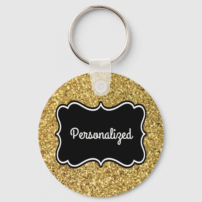 Gold Glitter Black and White Personalised Frame Key Ring (Front)