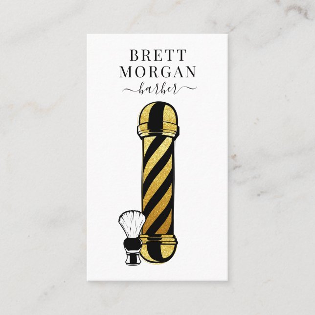 Gold Glitter Black Barber Pole Barber  Business Card (Front)