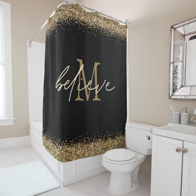 Gold Glitter Black Believe Script Monogram Initial Shower Curtain (In Situ)