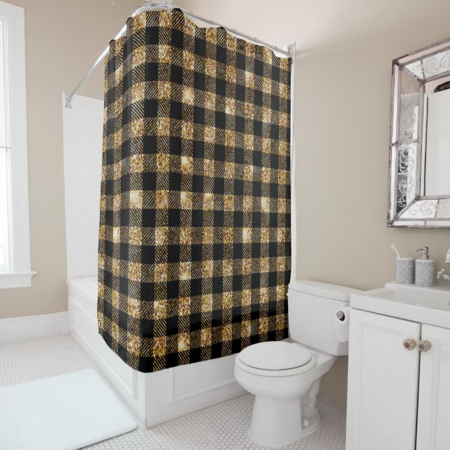 Gold Glitter Black Buffalo Plaid Pattern Shower Curtain (In Situ)