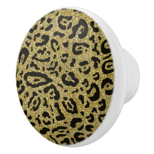 Gold Glitter Black Cheetah Leopard Animal Print Ceramic Knob