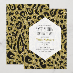 Gold Glitter Black Cheetah Leopard Sweet 16 Party  Invitation