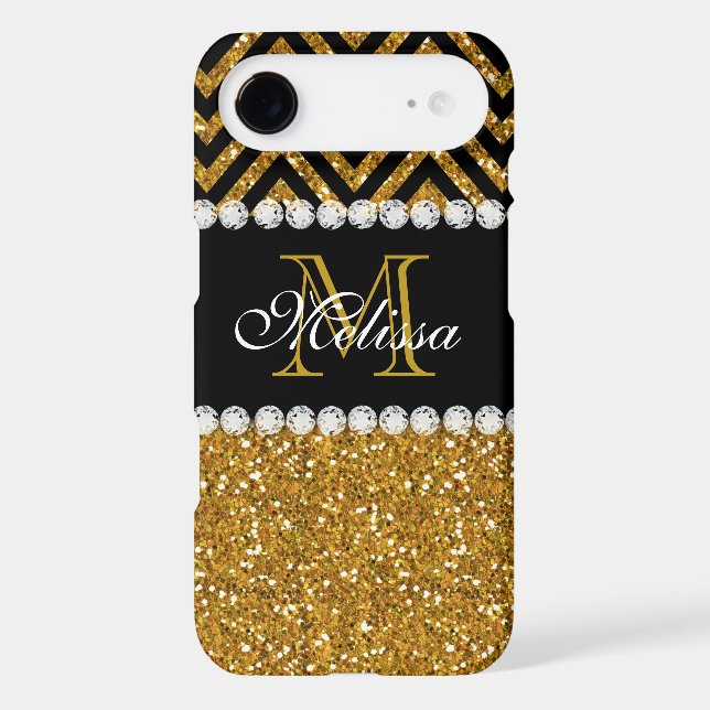 Gold Glitter Black Chevron Monogrammed Case-Mate iPhone Case (Back)