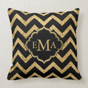 Gold Glitter Black Chevron Zigzag Pattern Monogram Cushion
