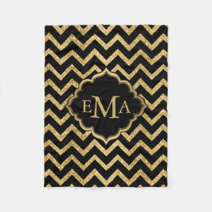 Gold Glitter Black Chevron Zigzag Pattern Monogram Fleece Blanket