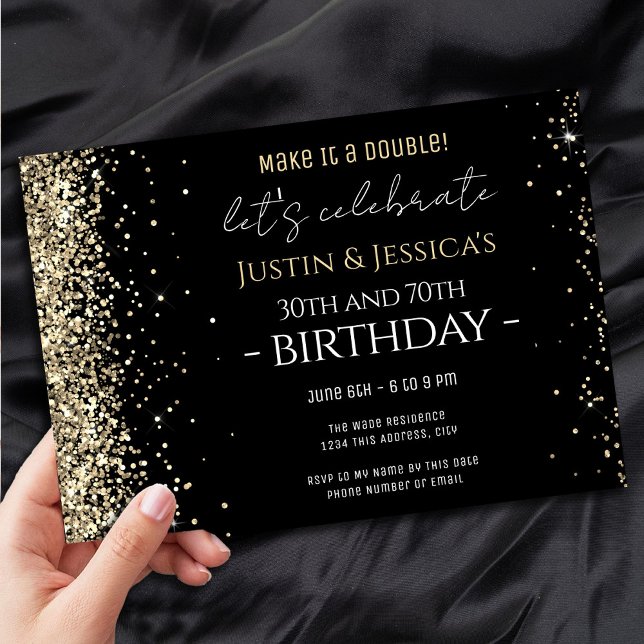 Gold Glitter Black Double Birthday Party Invitation (Creator Uploaded)