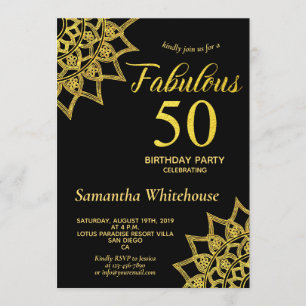 Gold Glitter Black Fabulous 50 Birthday Invitation