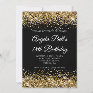Gold Glitter Black Fancy Monogram 18th Birthday Invitation