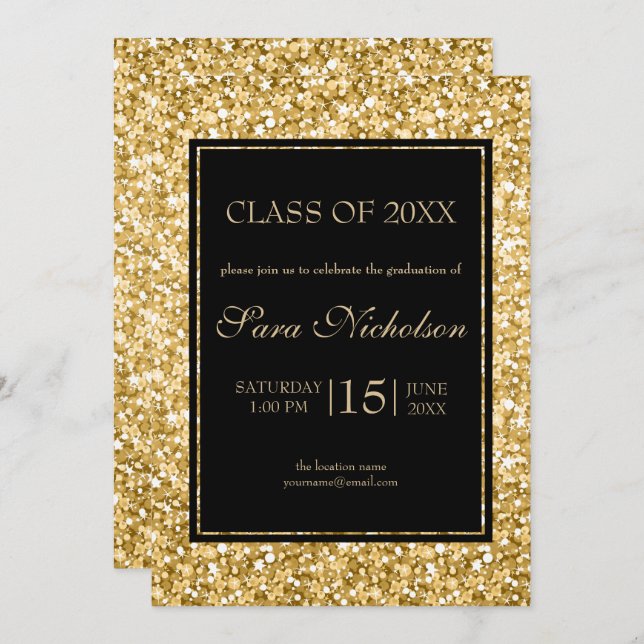 Gold Glitter Black Frame-Graduation Invitation (Front/Back)