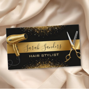Gold Glitter & Black Glam Hair Stylist Business Card