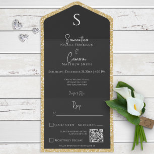 Gold Glitter & Black Glam Modern QR Code  All In One Invitation