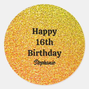 Gold Glitter Black Happy 16th Birthday Custom Name Classic Round Sticker