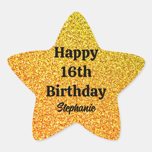 Gold Glitter Black Happy 16th Birthday Custom Name Star Sticker (Front)