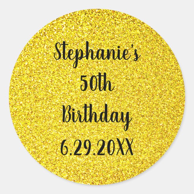 Gold Glitter Black Happy Birthday Custom Name Age Classic Round Sticker (Front)