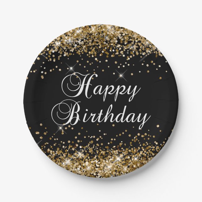 Gold Glitter Black Happy Birthday Paper Plate (Front)