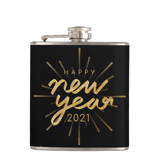 Gold Glitter Black Happy New Year 2021 Flask (Front)