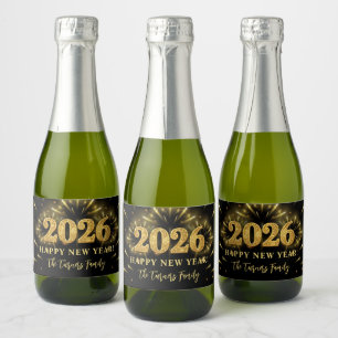 Gold Glitter Black Happy New Year 2026 Sparkling Wine Label