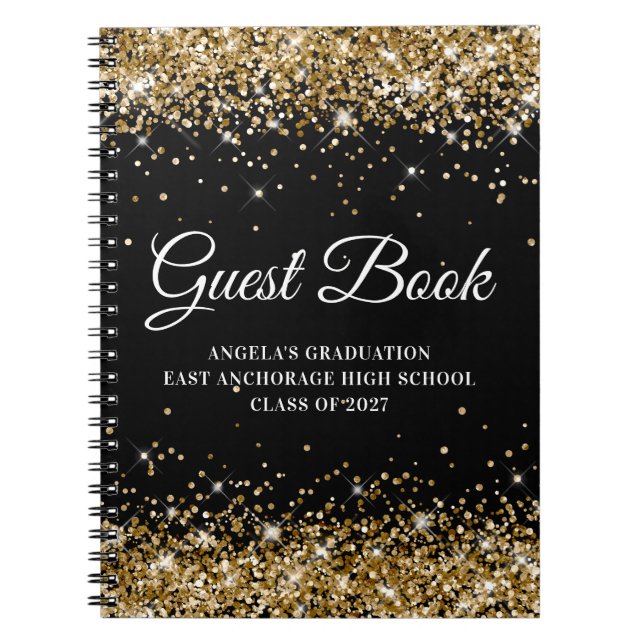 Gold Glitter Black High School Graduation Guest Notebook (Front)