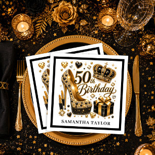 Gold Glitter Black Luxe Fifty And Fabulous Birthda Napkin