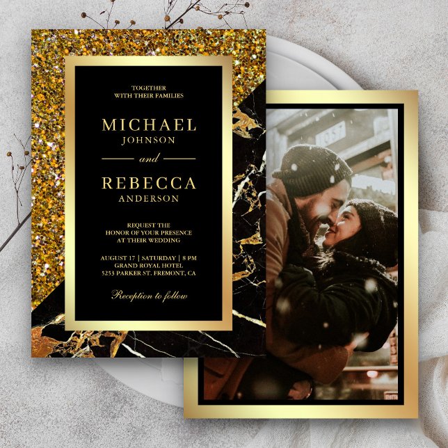 Gold Glitter Black Marble Photo Wedding Invitation (Creator Uploaded)