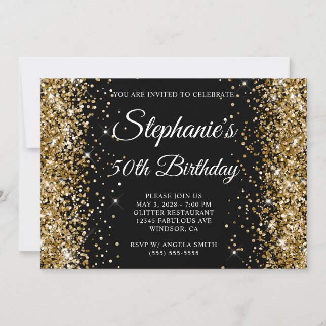 Gold Glitter Black Monogram 50th Birthday Invitation (Front)