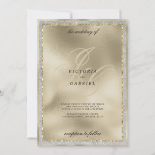 Gold glitter black monogram initial wedding  invitation