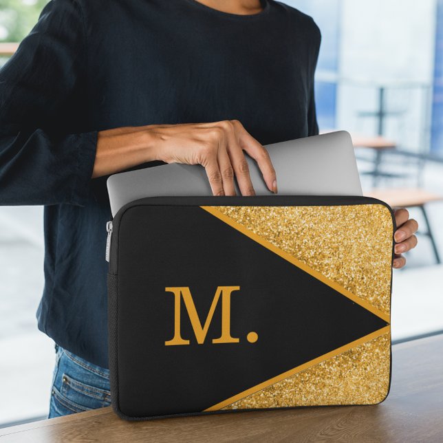 Gold Glitter Black Monogram Laptop Sleeve (Creator Uploaded)