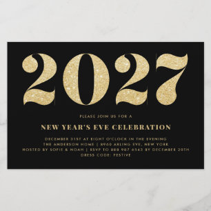Gold Glitter Black New Year's Eve Party Invitation