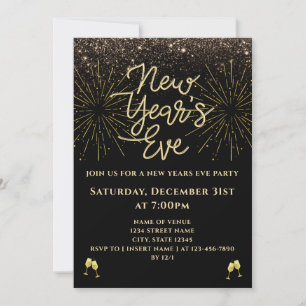 Gold Glitter Black New Years Eve Party Invitation