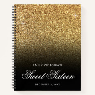 Gold Glitter Black Ombre Sweet Sixteen Guestbook Notebook